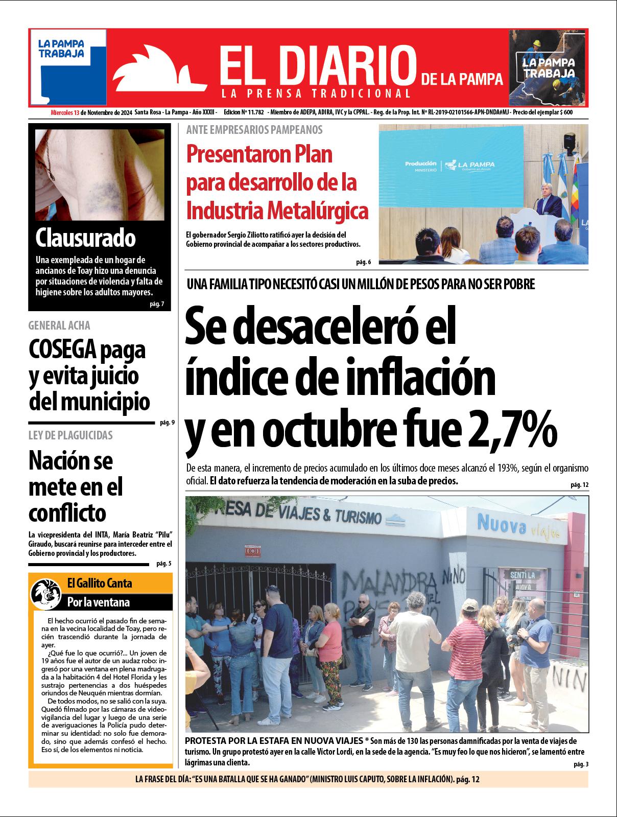 Tapa de El Diario en papel  mieacutercoles 13 de noviembre de 2024